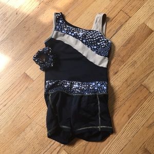 Justice leotard with matching shorts and scrunchie